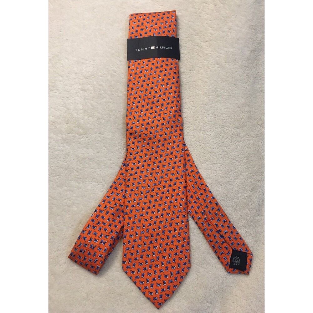 Tommy Hilfiger Men’s Tie Orange & Blue Butterfly Pattern Necktie 100% Silk NEW
